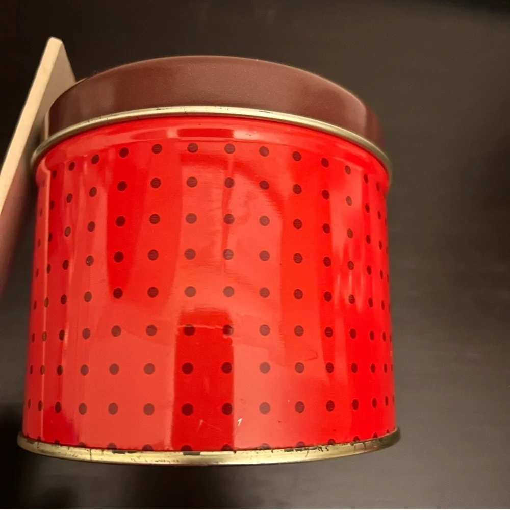 Rare Vintage Mrs Fields cookies tin with polka dot design 4” diameter 4” tall